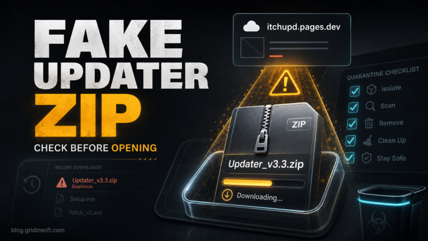 Itchupd.pages.dev Virus: Automatic Updater_v3.3.zip Download Cleanup 1 Suspicious Updater_v3.3.zip download from itchupd.pages.dev shown as a fake updater ZIP warning