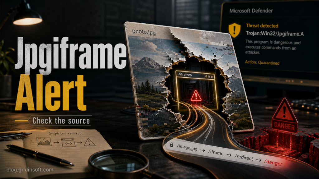 Jpgiframe alert poster showing a suspicious image file redirecting through a hidden iframe.