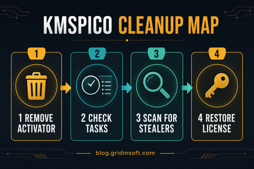 KMSPico Virus Removal Guide 2 KMSPico cleanup map showing remove activator, check tasks, scan for stealers, and restore license steps.