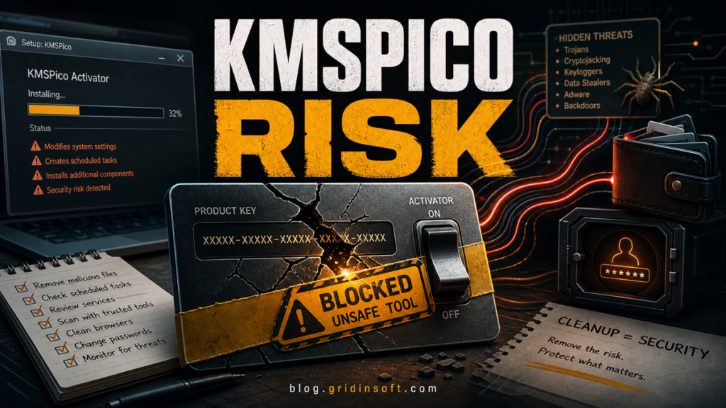 KMSPico risk warning with cleanup checks for hidden tasks, services, and bundled malware.