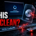 Suspicious ISO download warning asking Is This ISO Clean with a cracked checksum and malware theft trails.