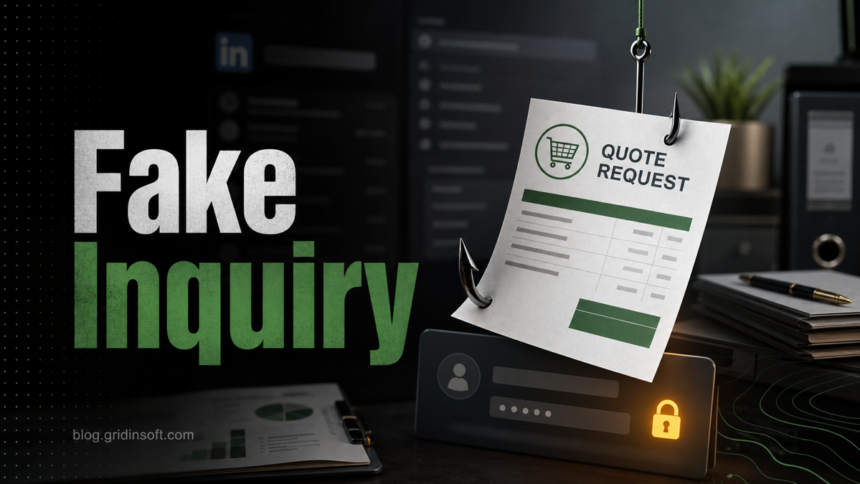 Fake LinkedIn purchase inquiry email shown as a business quote request used for credential theft.