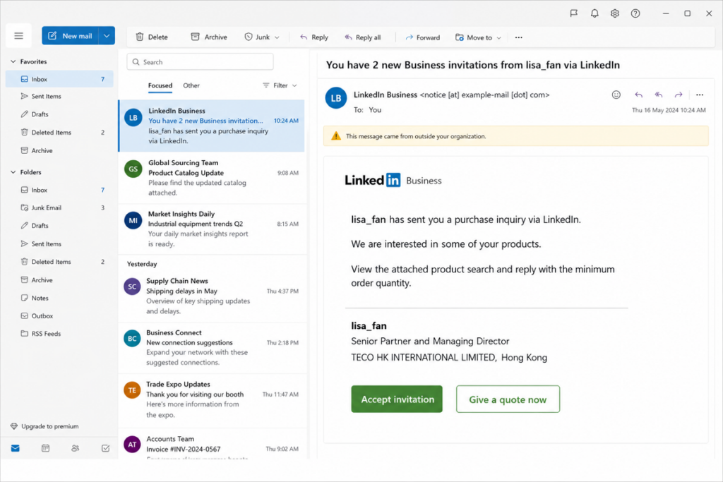 Desktop email view of a fake LinkedIn Purchase Inquiry message with Accept invitation and Give a quote now buttons.