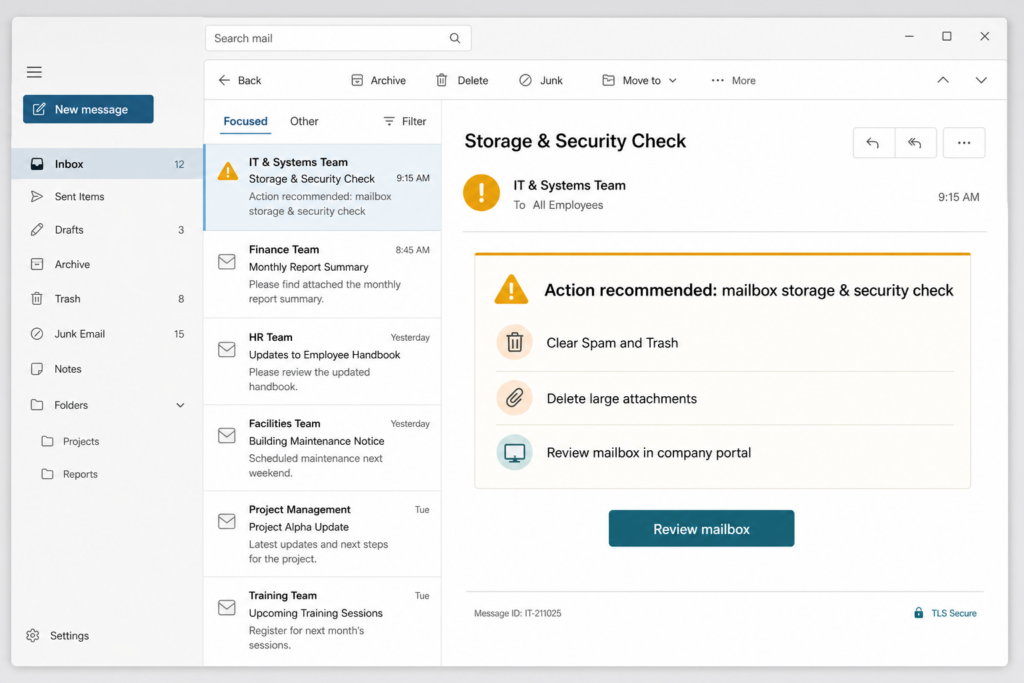 Generic email client showing a Storage & Security Check phishing message with fake mailbox cleanup steps and a Review mailbox button.