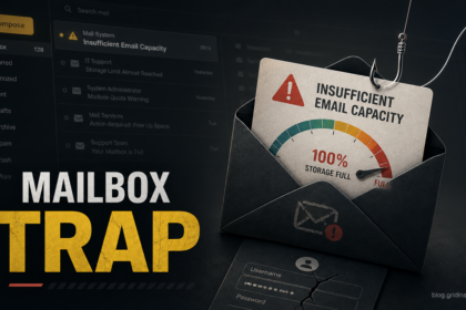 Mailbox Trap poster showing a fake email storage quota alert used for credential phishing.