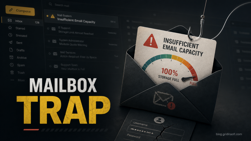 Insufficient Email Capacity Scam 1 Mailbox Trap poster showing a fake email storage quota alert used for credential phishing.