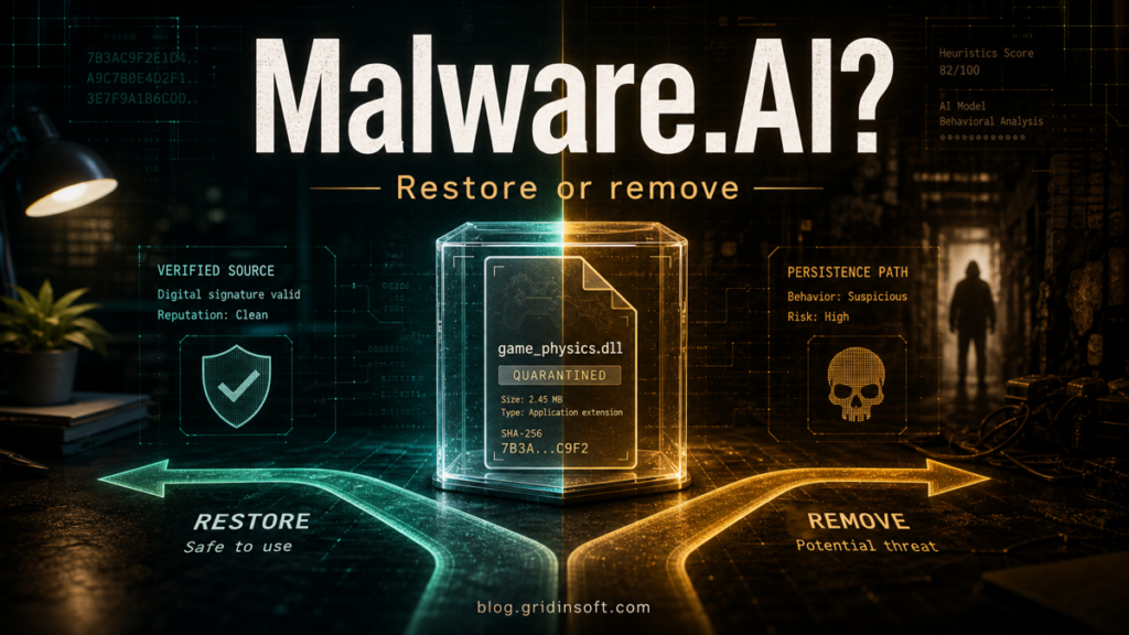 Malware.AI detection decision between restoring a verified file and removing a suspicious threat.