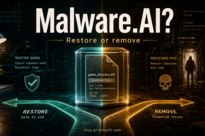 Malware.AI detection decision between restoring a verified file and removing a suspicious threat.