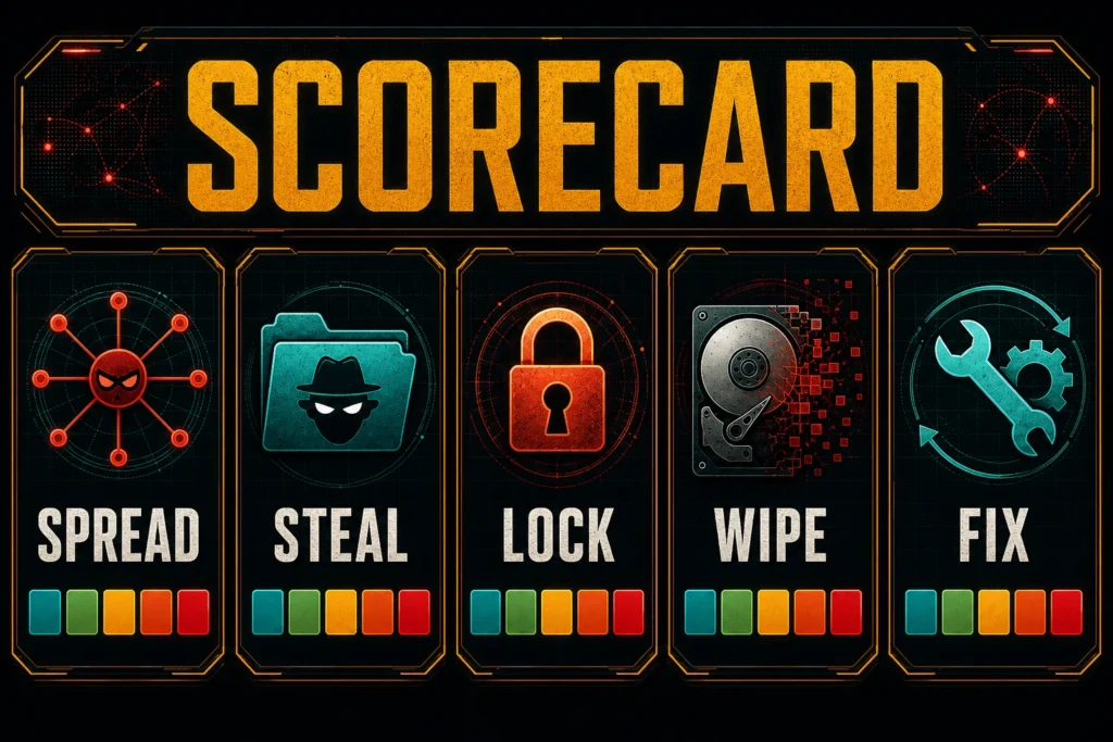 Malware damage scorecard showing spread, theft, lock, wipe, and fix criteria.