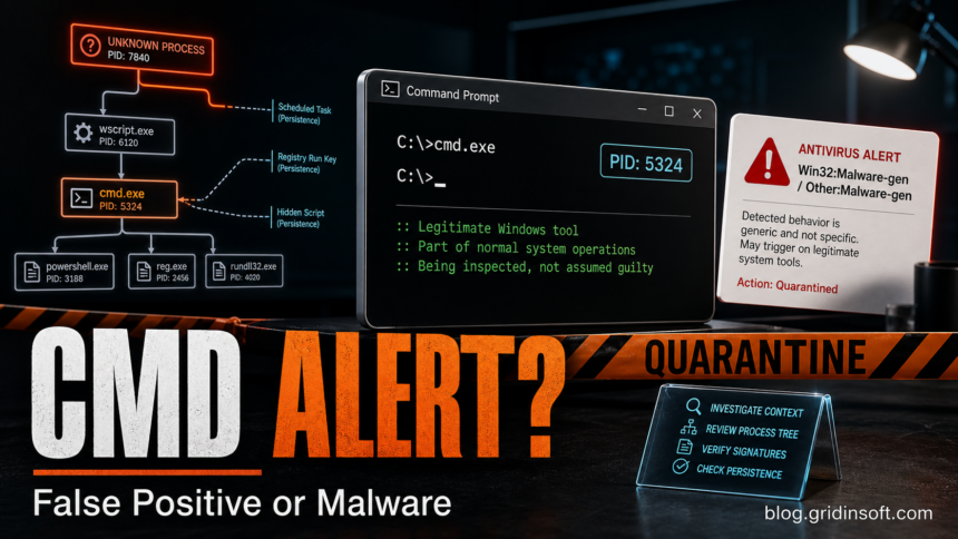 Win32:Malware-gen and Other:Malware-gen cmd.exe alert triage scene.