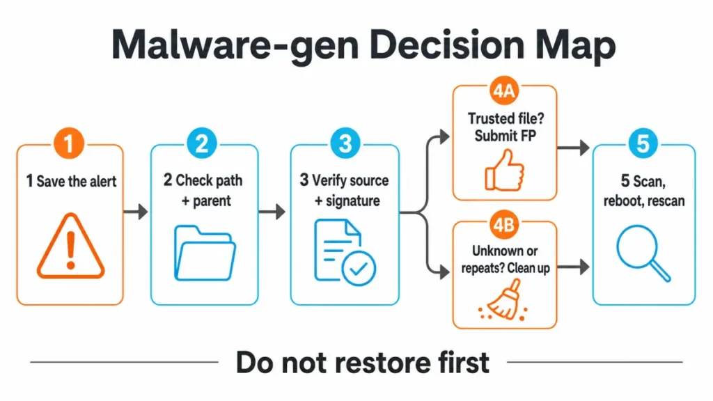 Win32:Malware-gen / Other:Malware-gen: False Positive or Malware? 2 Decision map for Win32:Malware-gen and Other:Malware-gen alerts.