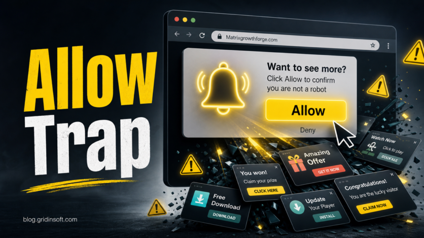 A browser permission prompt turns into a Matrixgrowthforge.com notification trap.