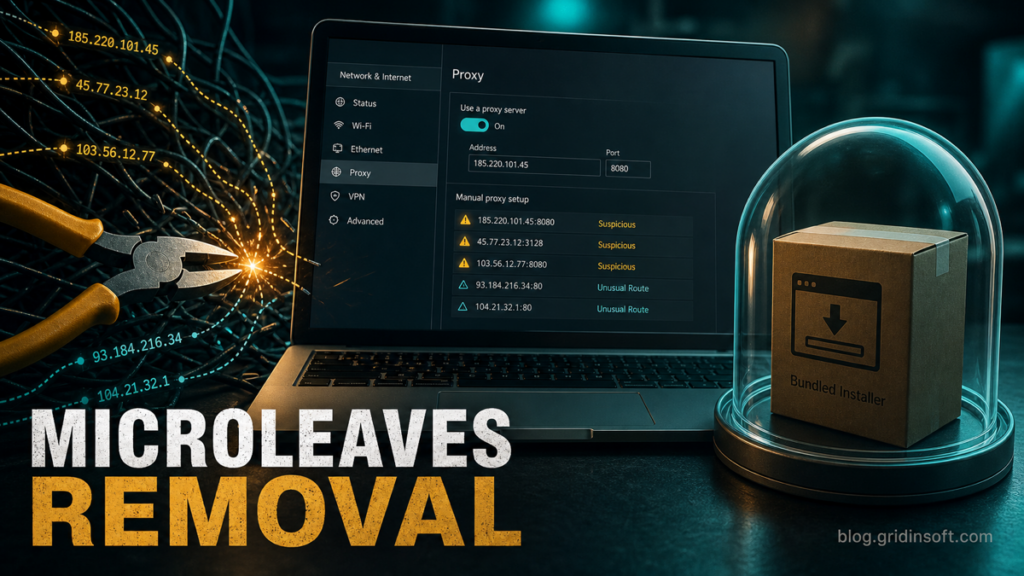 Microleaves removal guide showing proxy settings and a bundled installer isolated