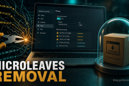 Microleaves removal guide showing proxy settings and a bundled installer isolated