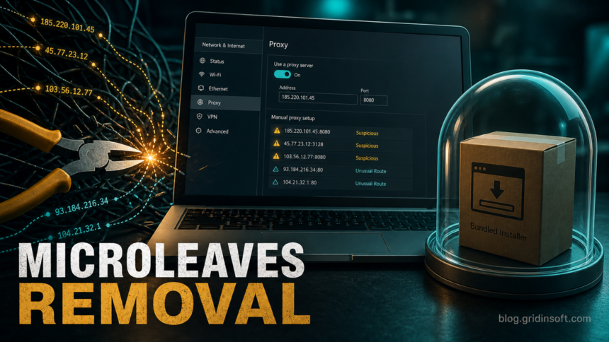 Microleaves removal guide showing proxy settings and a bundled installer isolated