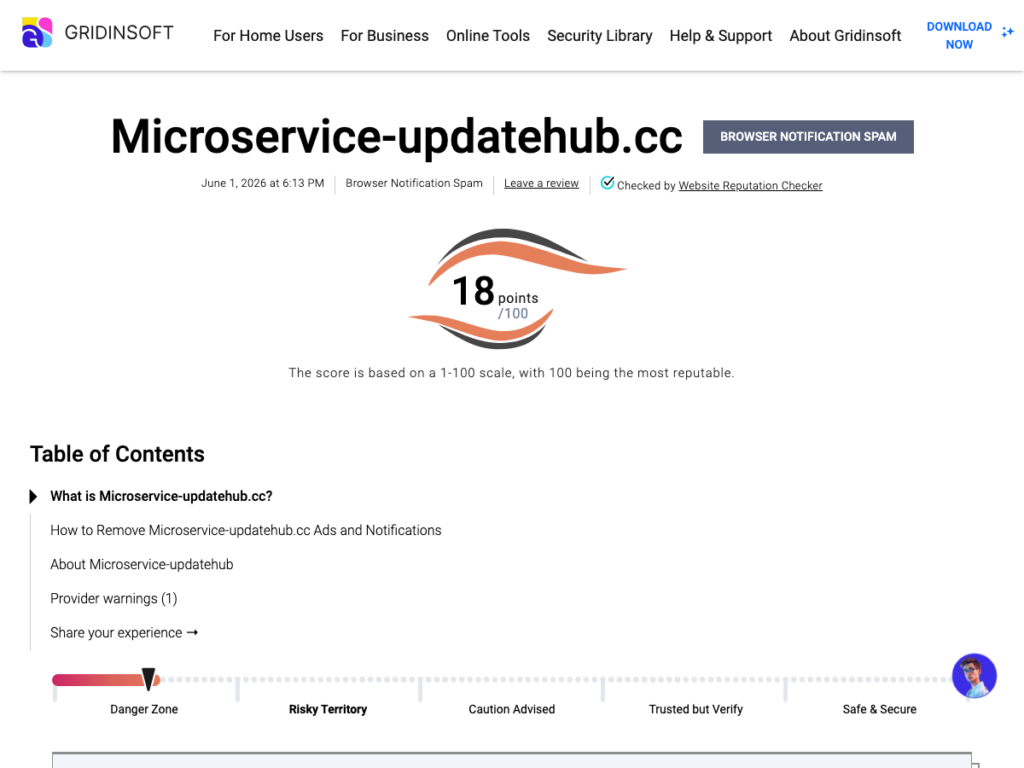 Gridinsoft Website Reputation Checker screenshot for microservice-updatehub.cc showing browser notification spam status.