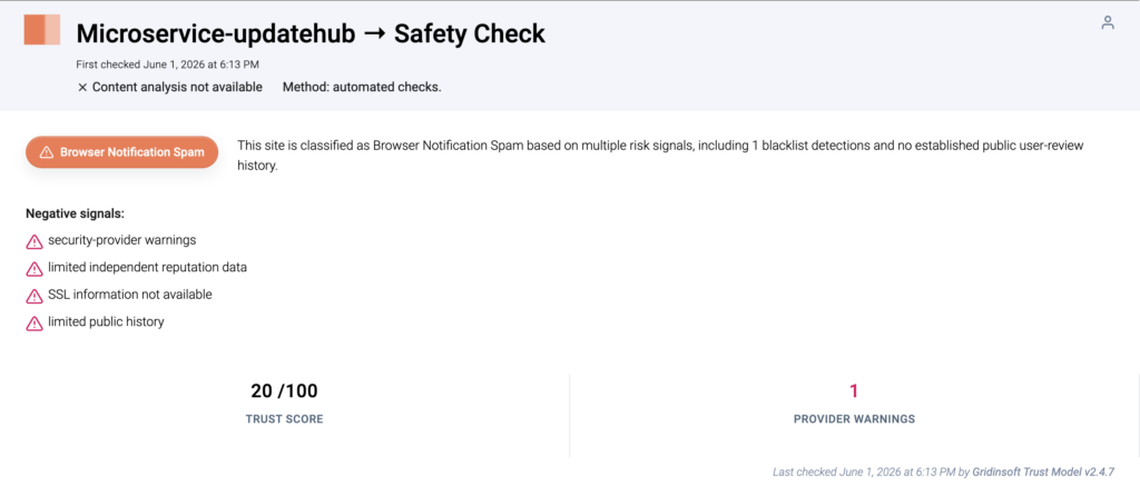 Wide Gridinsoft Website Reputation Checker report card for microservice-updatehub.cc showing Browser Notification Spam, negative signals, trust score, and provider warning count.