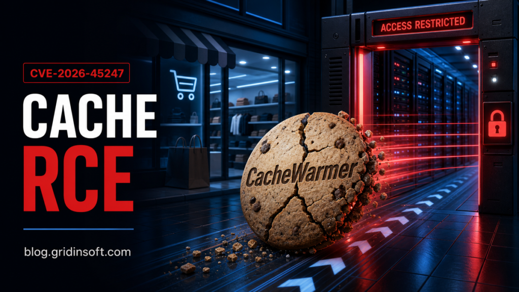 Cracked CacheWarmer cookie moving into an ecommerce server gate, representing CVE-2026-45247 remote code execution risk.