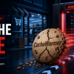 Cracked CacheWarmer cookie moving into an ecommerce server gate, representing CVE-2026-45247 remote code execution risk.