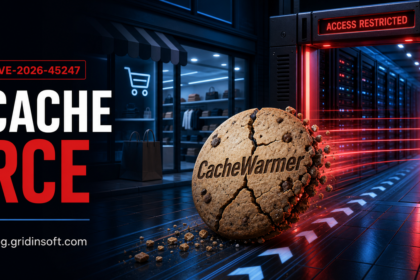 Cracked CacheWarmer cookie moving into an ecommerce server gate, representing CVE-2026-45247 remote code execution risk.