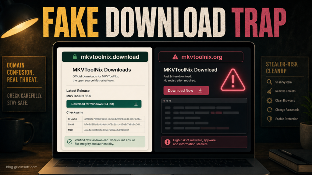 Fake MKVToolNix download page warning with official and unsafe domains