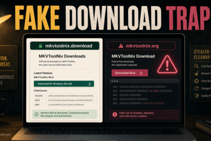 Fake MKVToolNix download page warning with official and unsafe domains