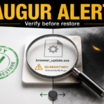 ML/Augur alert decision scene showing a quarantined update file being verified before restore.