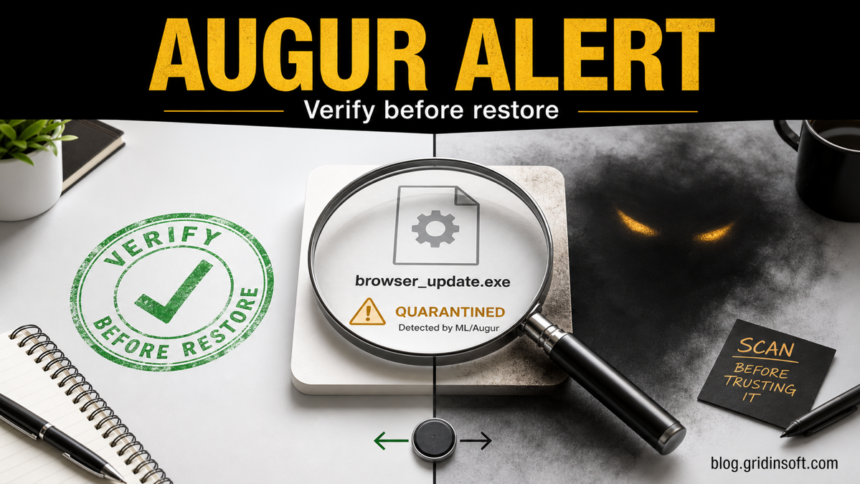 ML/Augur alert decision scene showing a quarantined update file being verified before restore.