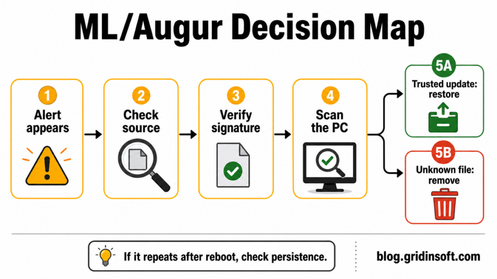 ML/Augur decision map showing source check, signature verification, PC scan, restore, and remove paths.