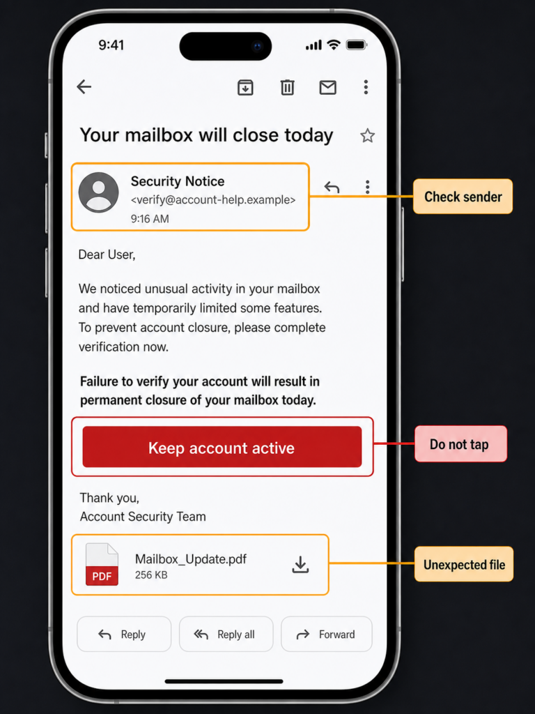 Mobile email example with suspicious sender, unsafe button, and unexpected PDF attachment highlighted