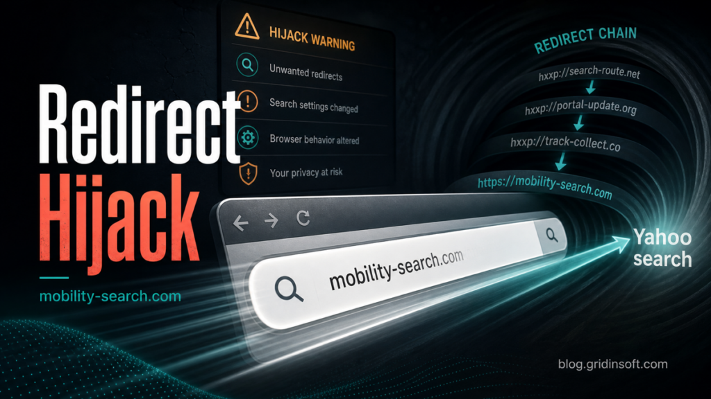 Mobility-search.com redirect hijack shown in a browser search bar.