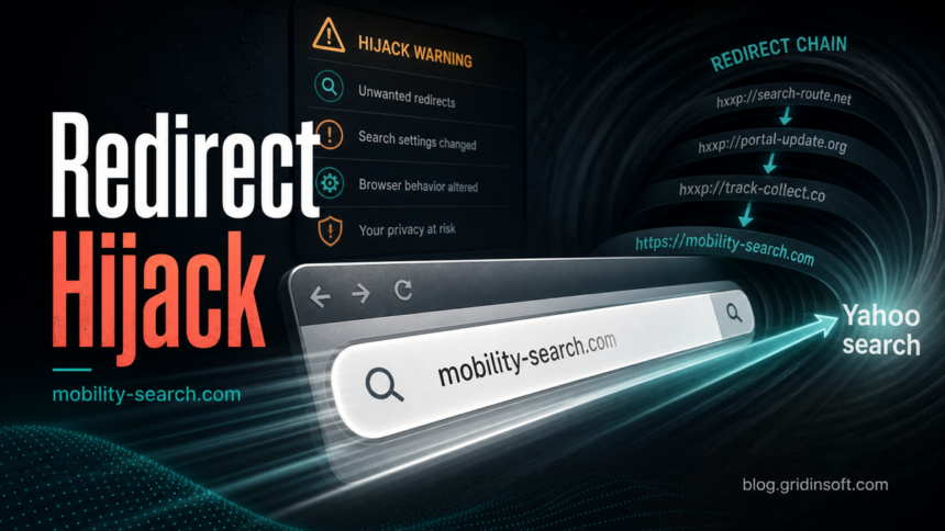 Mobility-search.com redirect hijack shown in a browser search bar.