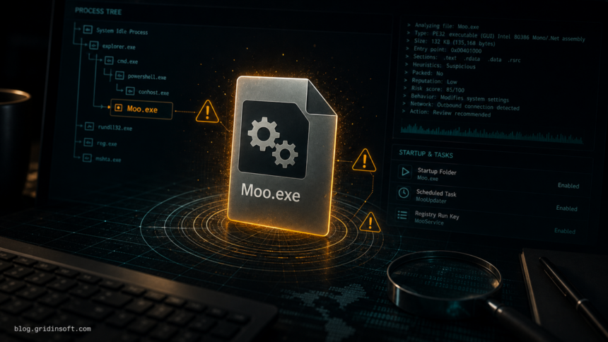Moo.exe file being checked for suspicious startup and network behavior.