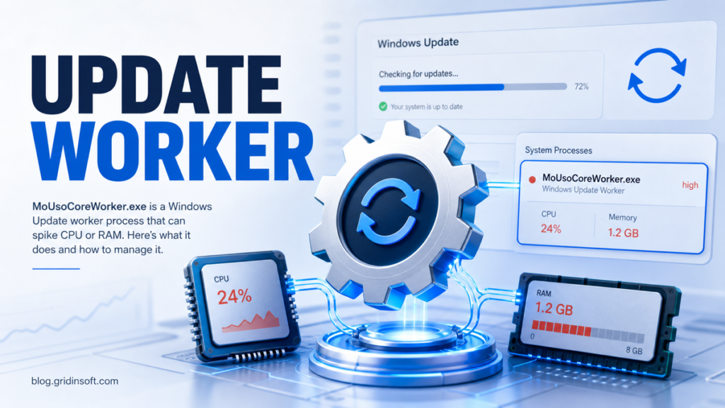 Editorial poster showing MoUsoCoreWorker.exe as a Windows Update worker with CPU and RAM meters.