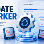 Editorial poster showing MoUsoCoreWorker.exe as a Windows Update worker with CPU and RAM meters.