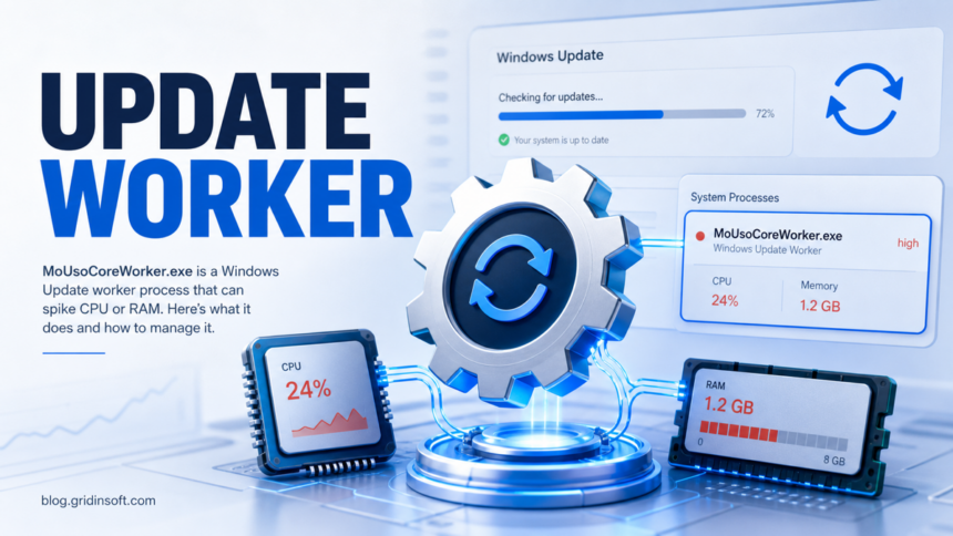 Editorial poster showing MoUsoCoreWorker.exe as a Windows Update worker with CPU and RAM meters.