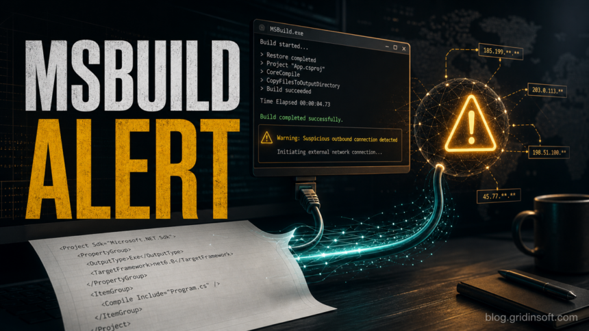 MSBuild.exe alert showing a suspicious outbound connection from a build tool.