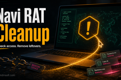 Navi RAT cleanup warning on a Windows laptop with account recovery cues