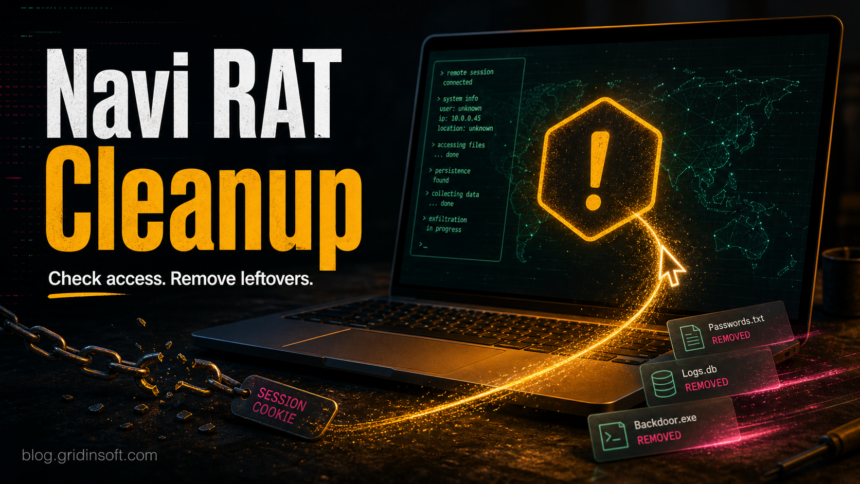 Navi RAT cleanup warning on a Windows laptop with account recovery cues