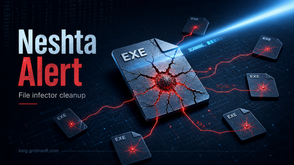 Neshta file-infector alert with infected EXE files highlighted during a Windows malware scan.