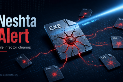 Neshta Alert poster showing infected EXE files during a malware scan.