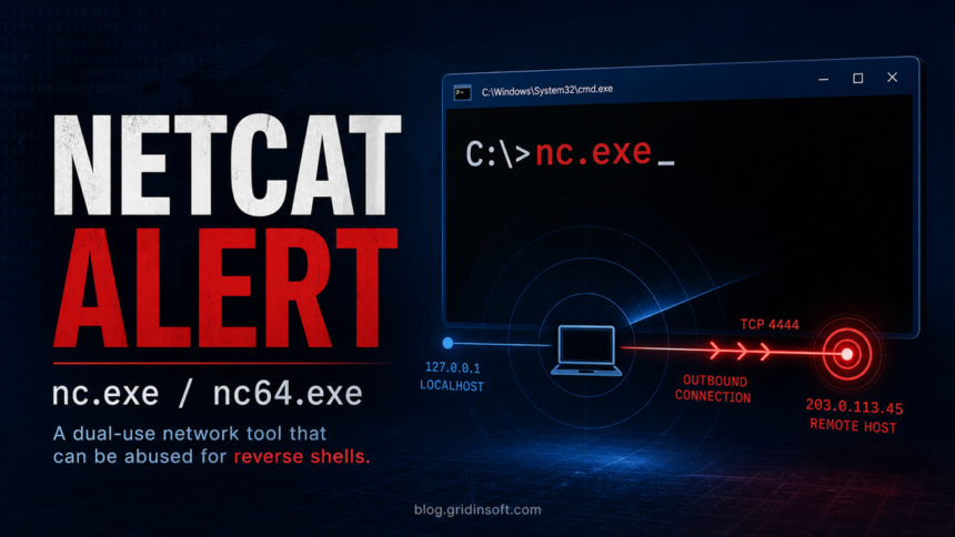 Netcat alert poster showing nc.exe and nc64.exe as a suspicious outbound connection.