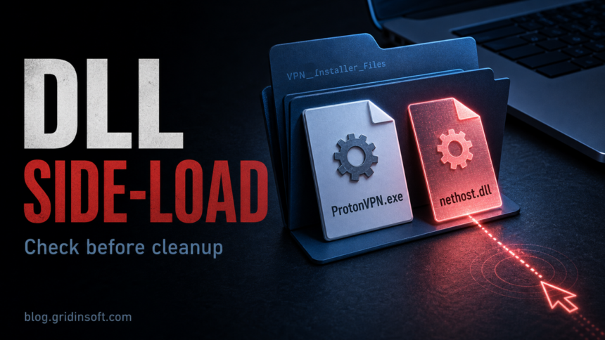Suspicious nethost.dll side-loaded beside ProtonVPN.exe malware cleanup warning.