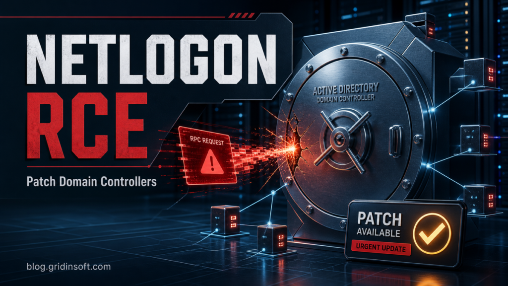 Editorial poster showing a Netlogon RCE warning hitting a domain controller vault.