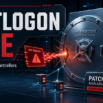 Editorial poster showing a Netlogon RCE warning hitting a domain controller vault.