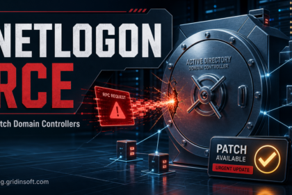 Editorial poster showing a Netlogon RCE warning hitting a domain controller vault.