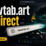 Browser search bar pulled toward a Newtab.art redirect tunnel with a cleanup checklist.