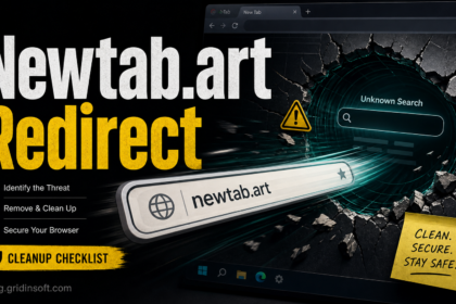 Browser search bar pulled toward a Newtab.art redirect tunnel with a cleanup checklist.