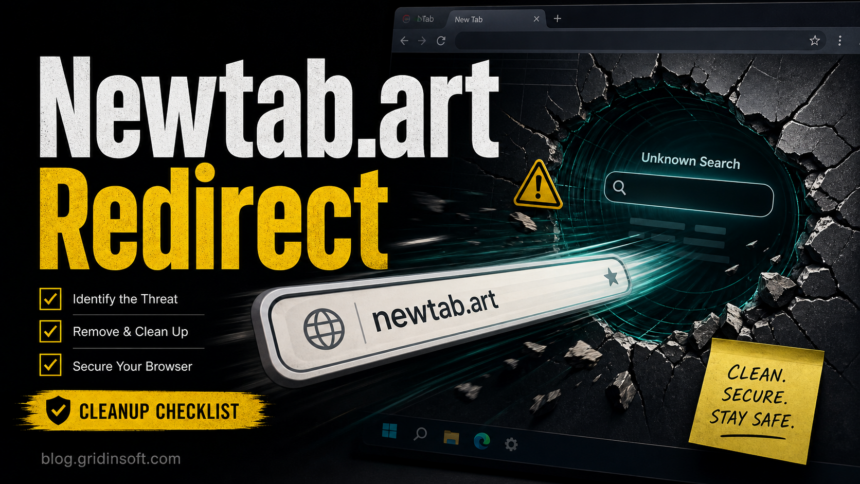 Browser search bar pulled toward a Newtab.art redirect tunnel with a cleanup checklist.