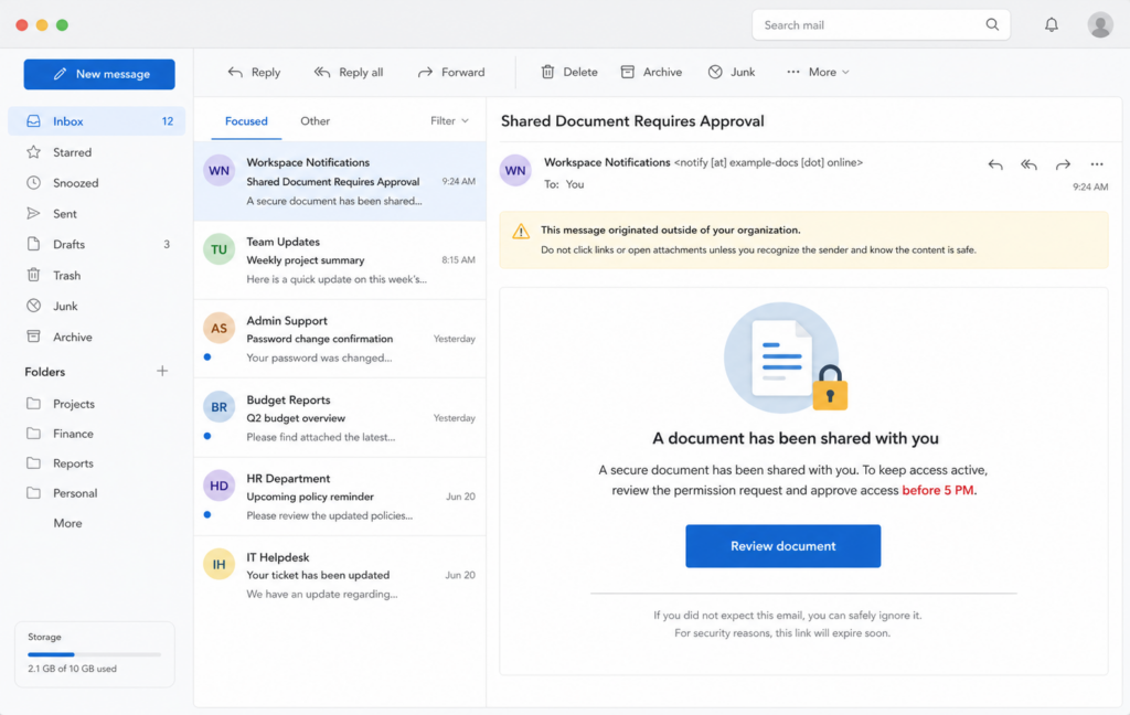 OAuth Consent Phishing: Revoke Malicious App Access 3 Illustrative phishing email asking the reader to approve document access
